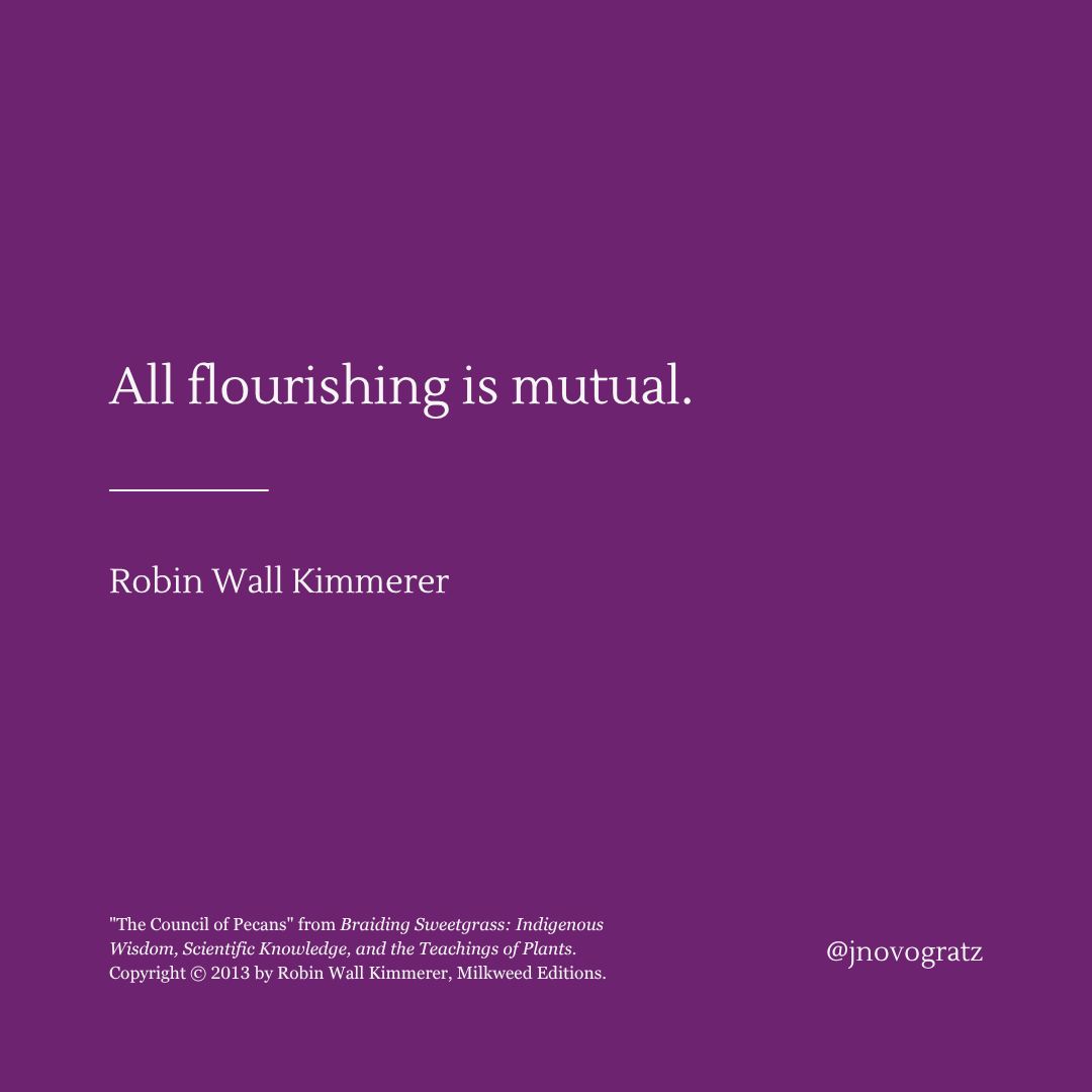 jnovogratz's tweet photo. The amazing Robin Wall Kimmerer writes about the nature of, well, nature. She points to the soil and fungi and root systems that trade sugar for minerals, each one needing what the other has. But she could be describing leadership.

No one flourishes by being indispensable. The tree that shares its water table survives the drought that kills the one standing alone. Equally, we only truly flourish as a world when the conditions for flourishing are universally felt.

We are here because of each other. The more we remember that, the more we flourish — not despite our dependence on the web around us, but because of it.