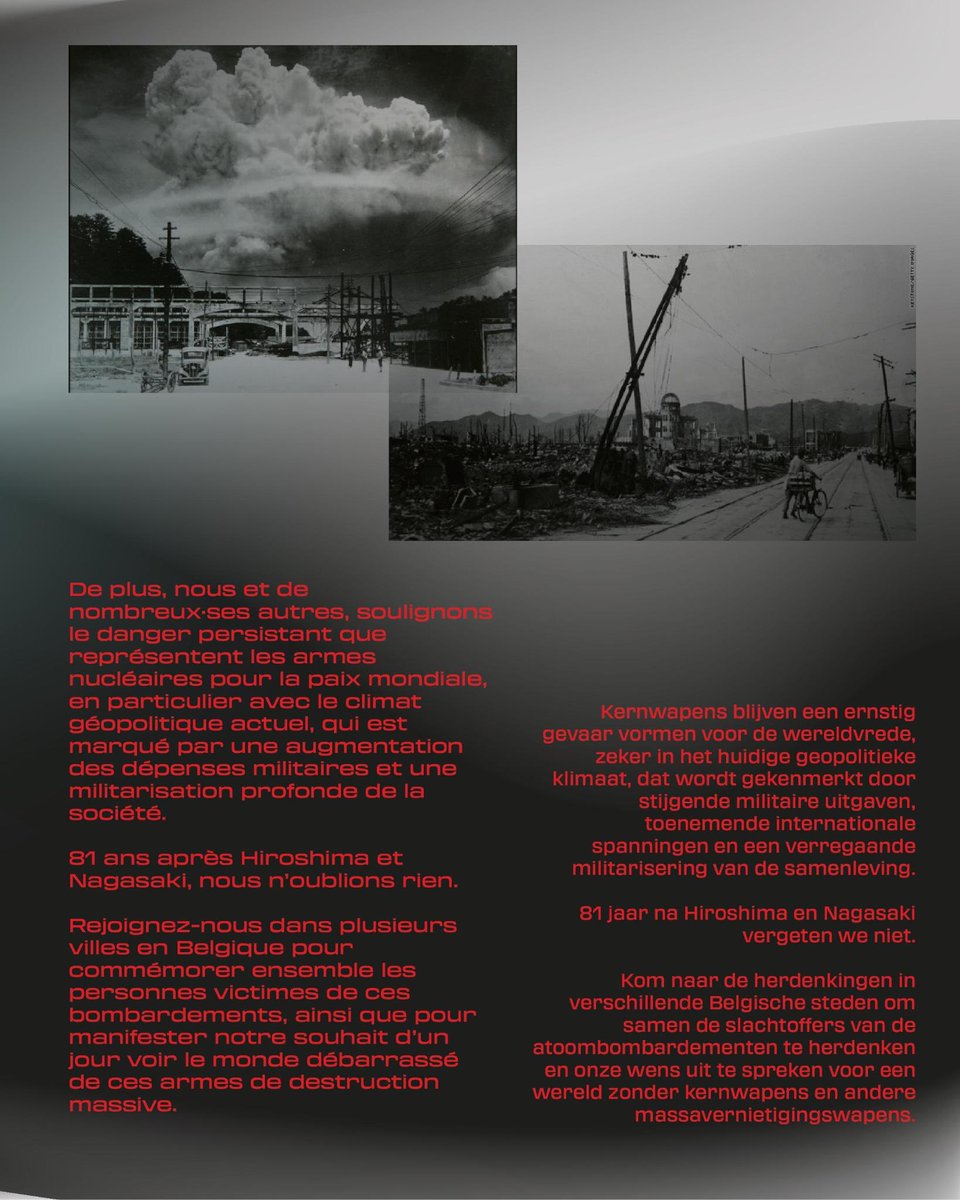nonukesbe's tweet photo. Hiroshima et Nagasaki : calendrier des commémorations en Belgique

Rejoignez-nous dans plusieurs villes en Belgique !

Hiroshima en Nagasaki: herdenkingsmomenten in België

Kom naar de herdenkingen in verschillende Belgische steden! https://t.co/E76GSbmNoG