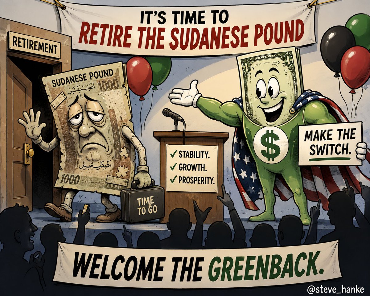 steve_hanke's tweet photo. On this week's Hanke's #CurrencyWatchlist, the Sudanese pound ranks as the WORLD'S 4TH WORST CURRENCY.

The pound has depreciated by 47% against the USD in the past year.

IT’S TIME TO RETIRE THE SUDANESE POUND AND REPLACE IT WITH THE GREENBACK. https://t.co/NtnyR8A1Cp