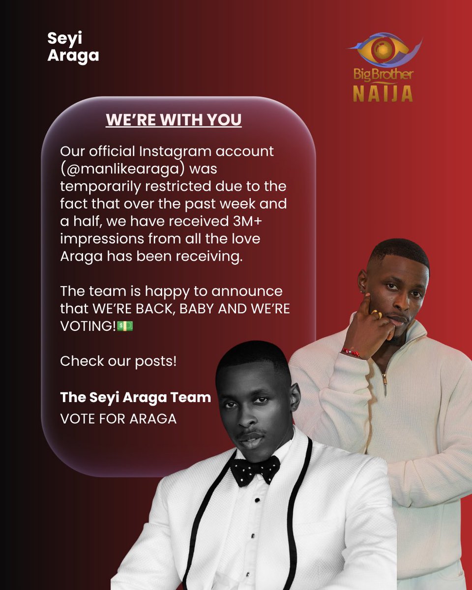 manlikearaga's tweet photo. WE’RE BAAAACK ON INSTA! Did you miss us? Cus we missed you!!

Thank you for 40k🚀💕

#BBNaija #VOTEARAGA🚀 https://t.co/fVBgubDv2H
