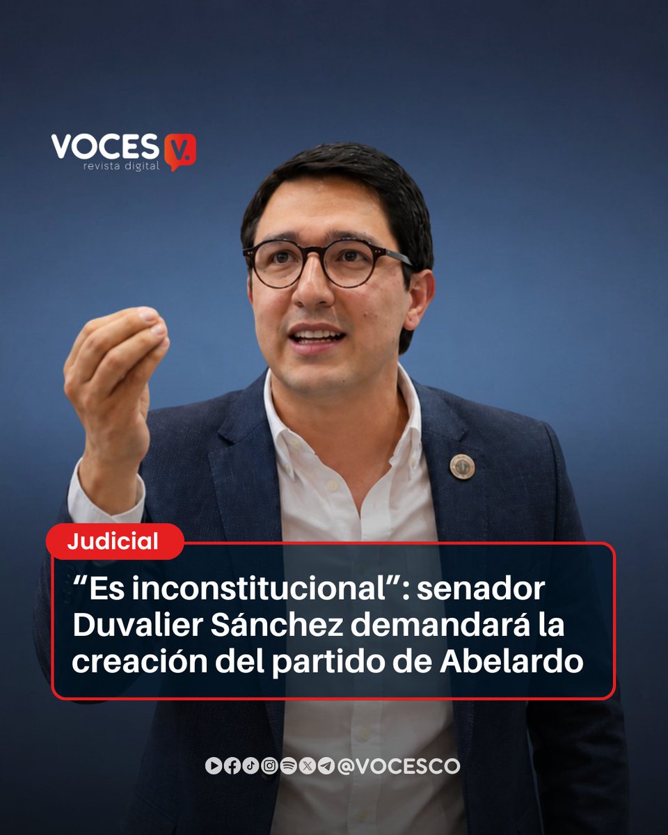 vocesco's tweet photo. #Voces | el senador Duvalier Sánchez, de la Alianza Verde @DuvalierSanchez , anunció que presentará una demanda ante el Consejo de Estado para solicitar la nulidad de la decisión del Consejo Nacional Electoral (CNE) que otorgó personería jurídica al movimiento Defensores de la Patria, organización política del presidente electo Abelardo de la Espriella.

A través de un video publicado en sus redes sociales, el congresista calificó la decisión del CNE como un "atentado contra los derechos de la oposición" y aseguró que el organismo electoral modificó de manera indebida las reglas establecidas en la Constitución para favorecer al mandatario electo. Según Sánchez, Defensores de la Patria no cumple con los requisitos previstos en el artículo 108 de la Constitución para acceder a la personería jurídica, pues sostiene que el movimiento no presentó listas al Senado ni a la Cámara de Representantes en las elecciones legislativas y, por tanto, tampoco superó el umbral del 3 % de los votos exigido por la ley.

El senador también cuestionó que el CNE haya aplicado al movimiento de Abelardo de la Espriella el mismo criterio jurídico que permitió otorgar personería jurídica a Colombia Humana, tras las elecciones presidenciales de 2018, y a la Liga de Gobernantes Anticorrupción después de los comicios de 2022.

De acuerdo con Sánchez, esos precedentes corresponden a situaciones distintas porque tanto Gustavo Petro como Rodolfo Hernández obtuvieron personería jurídica para ejercer el Estatuto de la Oposición, luego de perder las elecciones presidenciales y aceptar las curules que la Constitución otorga al segundo lugar en la contienda.