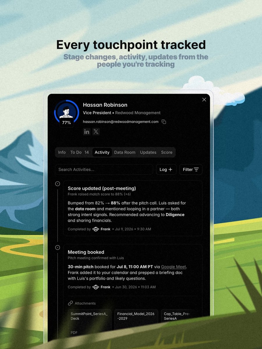 summitpointos's tweet photo. 🧵5/5: Every touchpoint tracked: stage changes, activity, updates from the people you're tracking.

A private Deal Room between you and every contact in the pipeline. Not a board you update. A board that works.

Guided by: Frank. https://t.co/biazZyCP6I