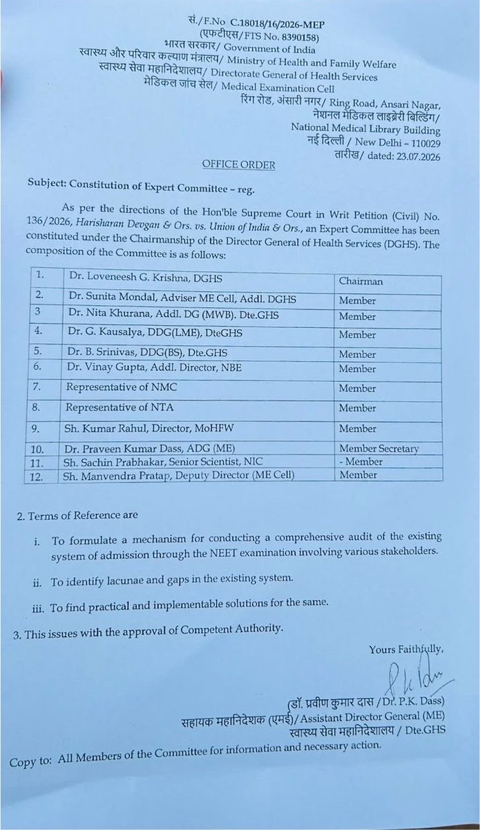 drlakshyamittal's tweet photo. UPDATE: In our petition challenging the drastic reduction of the #NEETPG2025 qualifying cut-off, the Union Govt. @MoHFW_INDIA has informed the Hon’ble Supreme Court that it has constituted a @DghsIndia-led 12-member Expert Committee to comprehensively review the NEET-PG admission system and recommend reforms.

The Hon’ble Court has granted 8 weeks for submission of the report.

As petitioners, we will also submit our recommendations before the Expert Committee. Stakeholders are invited to share constructive suggestions with us (connect@udfbharat.com).
We will endeavour to incorporate well-founded recommendations in our representation.

Together, let us work towards a transparent, fair and merit-based NEET-PG admission system. 
@UDF_BHARAT @ANI @ani_digital @PTI_News @LiveLawIndia @barandbench @TimesNow @htTweets @IndianExpress @timesofindia @TOIIndiaNews @ndtv @ndtveducation  @CNNnews18 @ABPNews @DDNewslive @news24tvchannel @AHindinews @aajtak