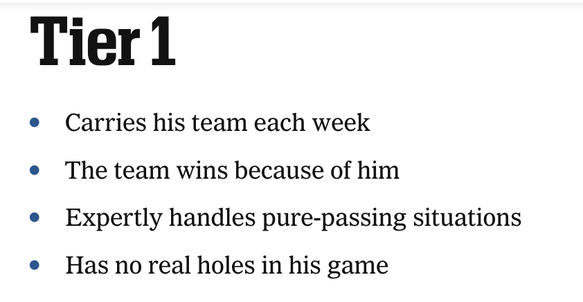 mibpj2's tweet photo. A bit controversial opinion coming off the MVP, but don't we kind of know that Stafford is not a tier 1 QB?

He's only had elite seasons when his supporting cast has been elite. And even last year, the LA passing game was mid in pure pass situations

(Very good T2 IMO) https://t.co/pvqjAFVvpu