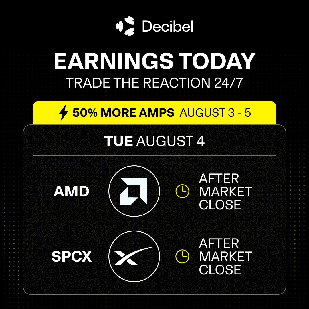 DecibelTrade's tweet photo. $AMD and $SPCX report after the bell today.

The market reaction won’t wait for tomorrow’s open.

Trade both 24/7 on Decibel.

→ https://t.co/BMua6YZtMV https://t.co/lKq54hg1bo