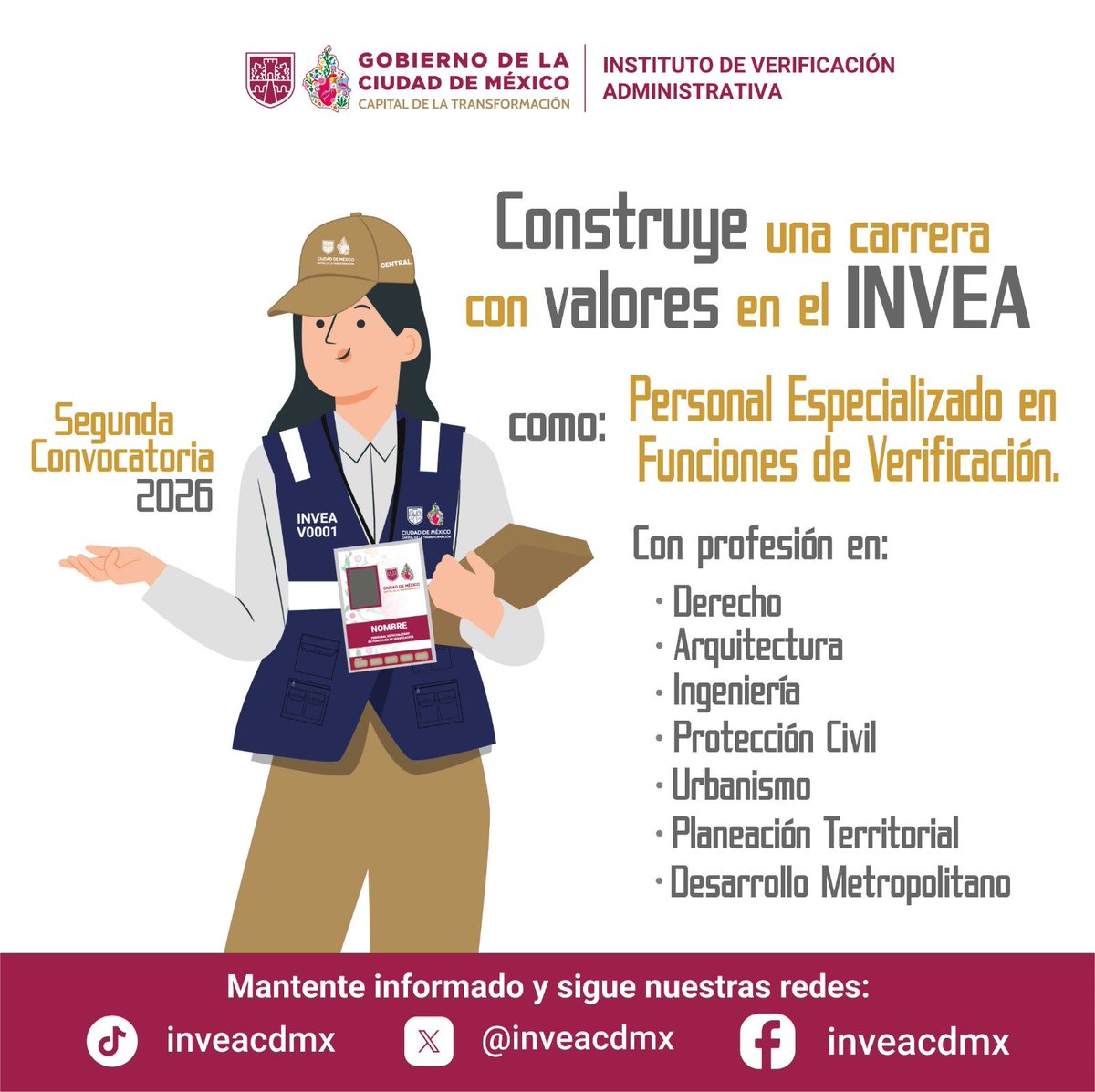 inveacdmx's tweet photo. Si eres egresado de alguna de las carreras enlistadas ¡Puedes formar parte del #INVEA! 😃🙌🏻✅

Espera el pre-registro a la Segunda Convocatoria 2026 para integrarse al Personal Especializado en Funciones de Verificación, el cual se llevará a cabo del 10 al 13 de agosto a través de nuestra página de internet. 👀🔍

¡Te estamos esperando! 🫵🏽🫡