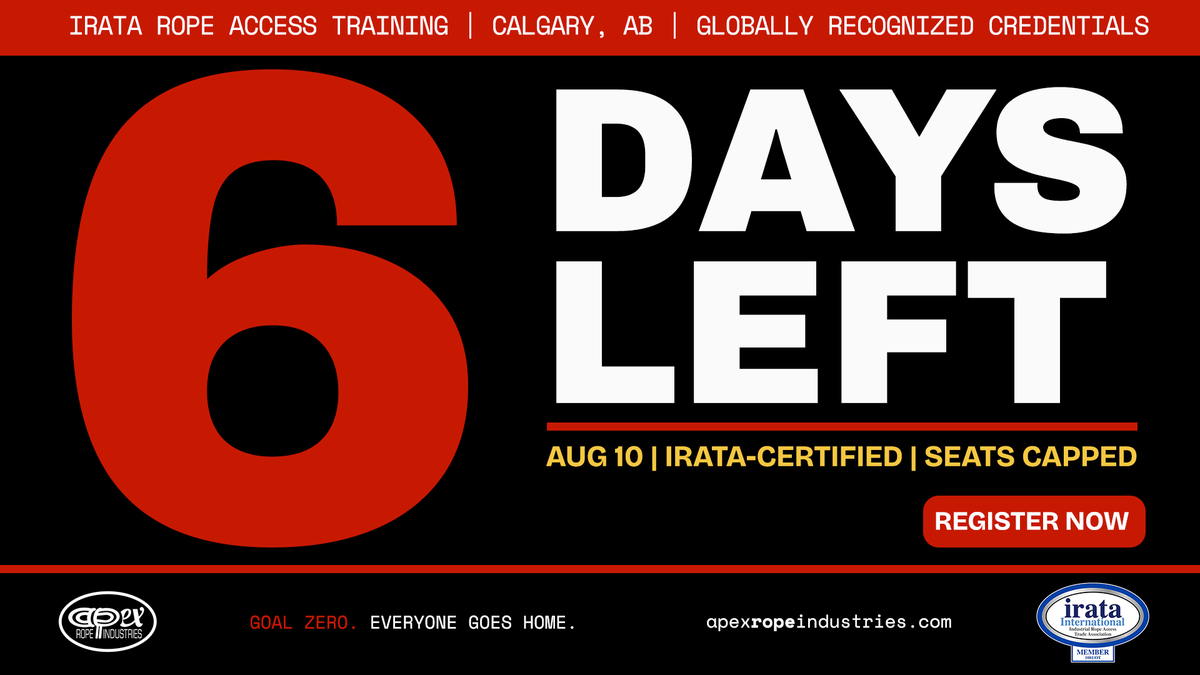APEXropeInd's tweet photo. 6 days.
IRATA rope access training runs Aug 10β14 in Calgary. Five days, certified instruction, capped class size, credentials that travel worldwide.
$1,850 CAD + GST
Register: https://t.co/XygmT2HPQG
#RopeAccess #YYC https://t.co/rRY47Lq2w7