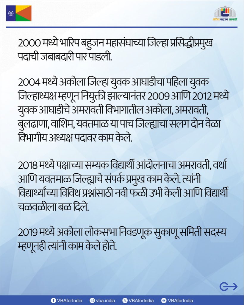 VBAforIndia's tweet photo. राजेंद्र पातोडे प्रदेशाध्यक्ष, वंचित बहुजन आघाडी 

प्रदेशाध्यक्षांचा परिचय :

वंचित बहुजन युवा आघाडीचे प्रदेश महासचिव असलेले राजेंद्र निरंजन पातोडे, आंतरराष्ट्रीय पातळीवर कराटेमध्ये गोल्ड मेडल घेतल्यानंतर अकोल्याच्या विविध वर्तमानपत्रात पत्रकार म्हणून नऊ वर्षे काम केले. 1990 मध्ये भारिप बहुजन महासंघाच्या, अकोल्यातील कृषी नगर येथील वार्ड क्रमांक बाराच्या शाखाध्यक्ष पासून राजकीय कामाला त्यांनी सुरुवात केली.

2000 मध्ये भारिप बहुजन महासंघाच्या जिल्हा प्रसिद्धीप्रमुख पदाची जबाबदारी पार पाडली. 

2004 मध्ये अकोला जिल्हा युवक आघाडीचा पहिला युवक जिल्हाध्यक्ष म्हणून नियुक्ती झाल्यानंतर 2009 आणि 2012 मध्ये युवक आघाडीचे अमरावती विभागातील अकोला, अमरावती, बुलढाणा, वाशिम, यवतमाळ या पाच जिल्ह्याचा सलग दोन वेळा विभागीय अध्यक्ष पदावर काम केले. 

2018 मध्ये पक्षाच्या सम्यक विद्यार्थी आंदोलनाचा अमरावती, वर्धा आणि यवतमाळ जिल्ह्याचे संपर्क प्रमुख काम केले. त्यांनी विद्यार्थ्यांच्या विविध प्रश्नांसाठी नवी फळी उभी केली आणि विद्यार्थी चळवळीला बळ दिले. 

2019 मध्ये अकोला लोकसभा निवडणूक सुकाणू समिती सदस्य म्हणूनही त्यांनी काम केले होते.

वंचित बहुजन युवा आघाडी प्रदेश महासचिव पदाची जबाबदारी मिळाल्या नंतर संपूर्ण महाराष्ट्रभर दौरे करून राज्यभर युवा आघाडीची अभूतपूर्व आणि भक्कम उभारणी केली. त्यांनी 2019 मध्ये वंचित बहुजन आघाडी प्रदेश प्रवक्ता म्हणून ही कार्य केले.

विशेष म्हणजे 'आंबेडकरी चळवळीचा अकोला पॅटर्न' हा अकोला जिल्हामधील 104 वर्षाचा इतिहास त्यांनी लेखणीबद्ध केला आहे. 

त्यामध्ये अकोला जिल्ह्यातील डॉ. बाबासाहेब आंबेडकर यांचे राजकीय, सामाजिक क्षेत्रातील उदयापासून (1920) ते बाळासाहेब आंबेडकर आणि सुजात आंबेडकर यांचे बरोबरचा 2024 पर्यंतचा सर्व इतिहास लिहिला आहे. ह्या पुस्तकाचे प्रकाशन 'प्रबुद्ध भारत'ने केले असून पुस्तकाला प्रस्तावना ॲड. बाळासाहेब आंबेडकर यांनी लिहली आहे. 

"आंबेडकरी चळवळीचा अकोला पॅटर्न - १९२०-२०२४"  या त्यांच्या पुस्तकाचे प्रकाशन प्रबुद्ध भारताचे संपादक बाळासाहेब आंबेडकर यांच्या प्रमुख उपस्थितीत १४ मे २०२५ रोजी, डॉ. बाबासाहेब आंबेडकर यांनी बांधलेल्या, डॉ बाबासाहेब आंबेडकर भवन दादर येथे संपन्न झाले.

आंदोलनांच्या माध्यमातून त्यांनी अनेक अभिनव उपक्रम राबवले. अकोला जिल्हाधिकारीच्या गाडीची हवा काढण्याचे आंदोलन, तसेच चिपको आंदोलन करून अकोला-महान रोडवरील हजारो झाडांचे प्राण वाचविण्याचा लढा यांसारखी अनेक नाविन्यपूर्ण आंदोलने राजेंद्र पातोडे यांनी यशस्वीपणे केली.

पोलीस अत्याचार असो किंवा दोन समाजांमध्ये जातीय तणाव निर्माण झाला असो, सामाजिक सलोखा प्रस्थापित करण्यासाठी सातत्याने प्रयत्न केले. विविध जनहिताच्या प्रश्नांवर प्रशासनाला जाब विचारण्यासाठी मोर्चे, आंदोलने उभारली आणि त्यांचा सातत्याने पाठपुरावा करून अनेकांना न्याय मिळवून दिला.

#VBAForMaharashtra #VBAForIndia