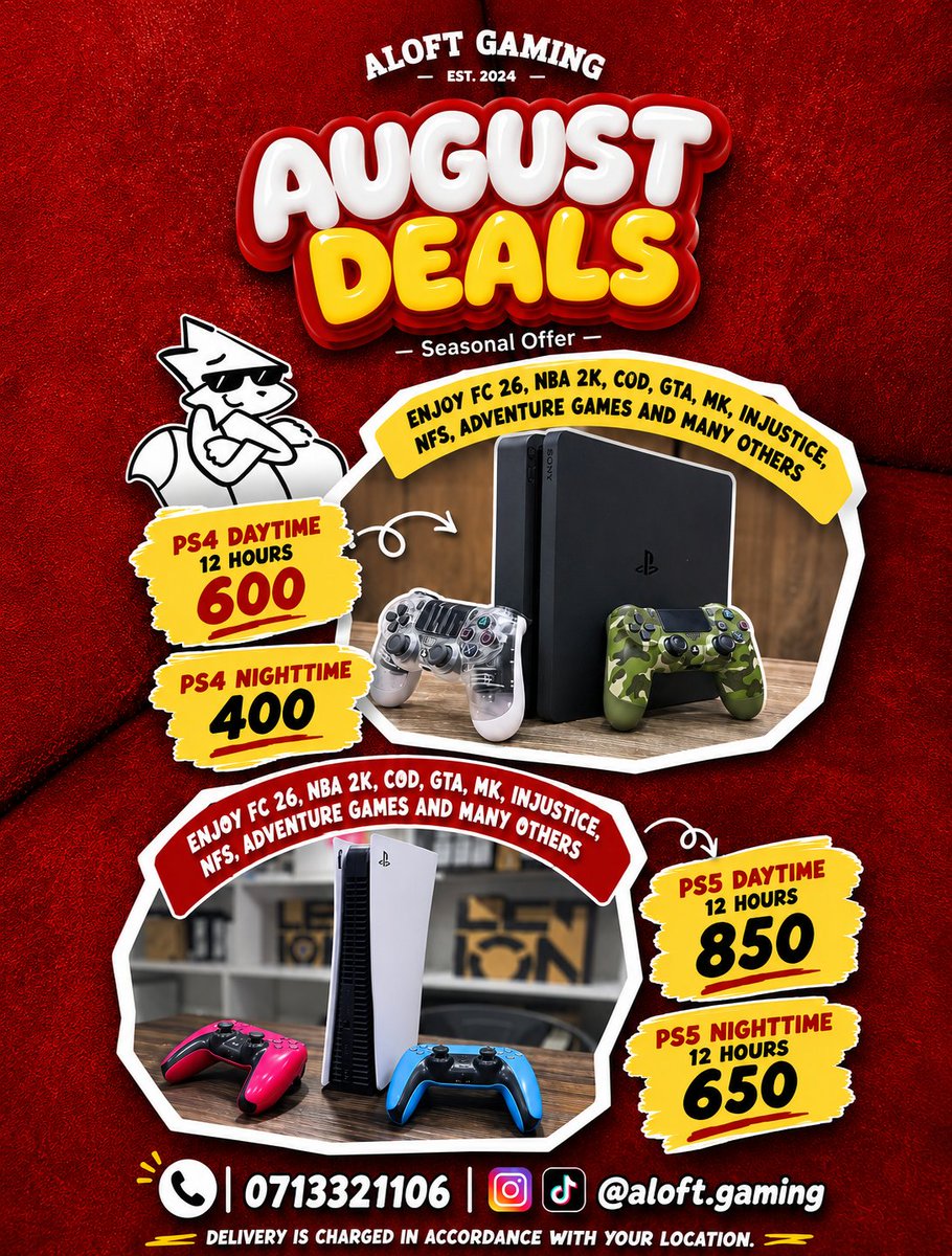 Aloftgamingke's tweet photo. It's a Brand New Day, We heard your squad is pulling up
So we did something about it
No boredom
No regrets
Playstation Delivery Done Straight to Your Doorstep
Book Now
โ๏ธ0713321106
#PlaystationHire #AloftGaming #Thika #Makongeni https://t.co/0bVJNn1mBT