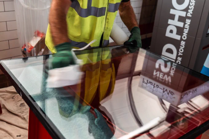 Worker cleaning a touchscreen passenger information kiosk inside a station. Wearing high-visibility clothing and protective gloves, the worker wipes the glass display during maintenance work, with station signage reflected in the screen and protective coverings visible in the background.