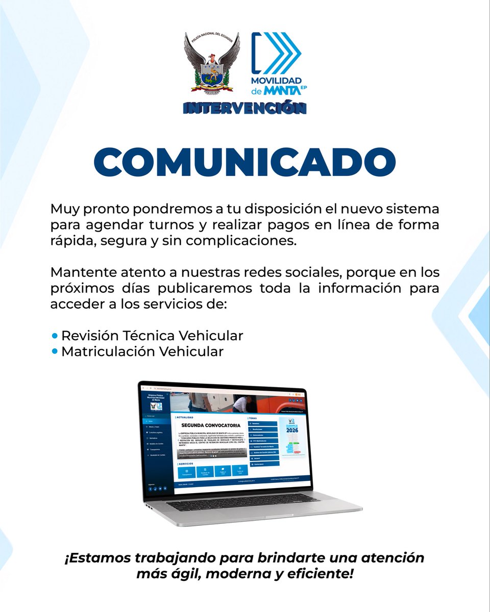 MantaAMT's tweet photo. 🚘💻 ¡Muy pronto, tus trámites estarán a un clic!

Estamos preparando un nuevo sistema para que puedas agendar turnos y realizar pagos en línea de manera rápida, segura y sin complicaciones para:

✅ Revisión Técnica Vehicular
✅ Matriculación Vehicular

Mantente atento a nuestras redes oficiales. En los próximos días compartiremos todos los detalles. 👀

¡Trabajamos para brindarte una atención más ágil, moderna y eficiente!

#MovilidadManta #Manta #TurnosEnLínea #ServiciosDigitales