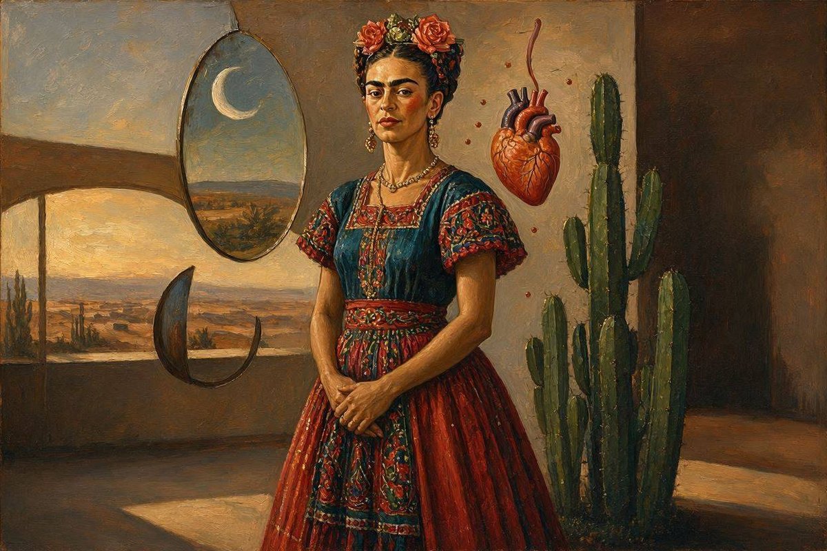 Kveta24's tweet photo. “In the mirror of the desert moon, my heart still beats free.”
#FridaKahlo #Surrealism #MexicanArt #FloatingHeart #DesertDreams #KahloInspired #SurrealPortrait https://t.co/kWPjmWe0wy