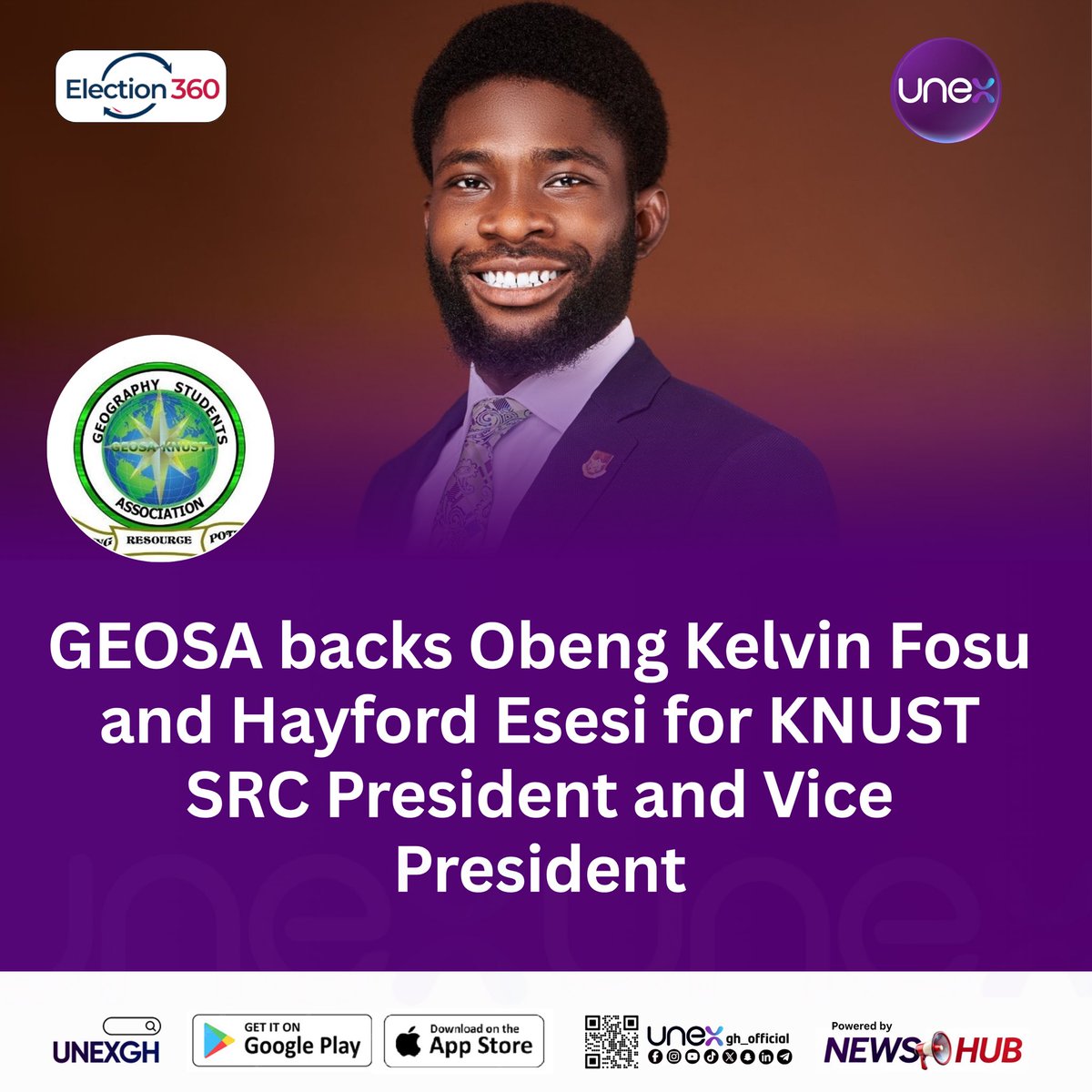 unexgh_official's tweet photo. The Geography Students’ Association (GEOSA), KNUST joins the endorsement wave, backing Obeng Kelvin Fosu and Hayford Esesi for KNUST SRC President and Vice President respectively.
#ELECTION360 #KNUST #UNEXGH https://t.co/X7ery5XIgq
