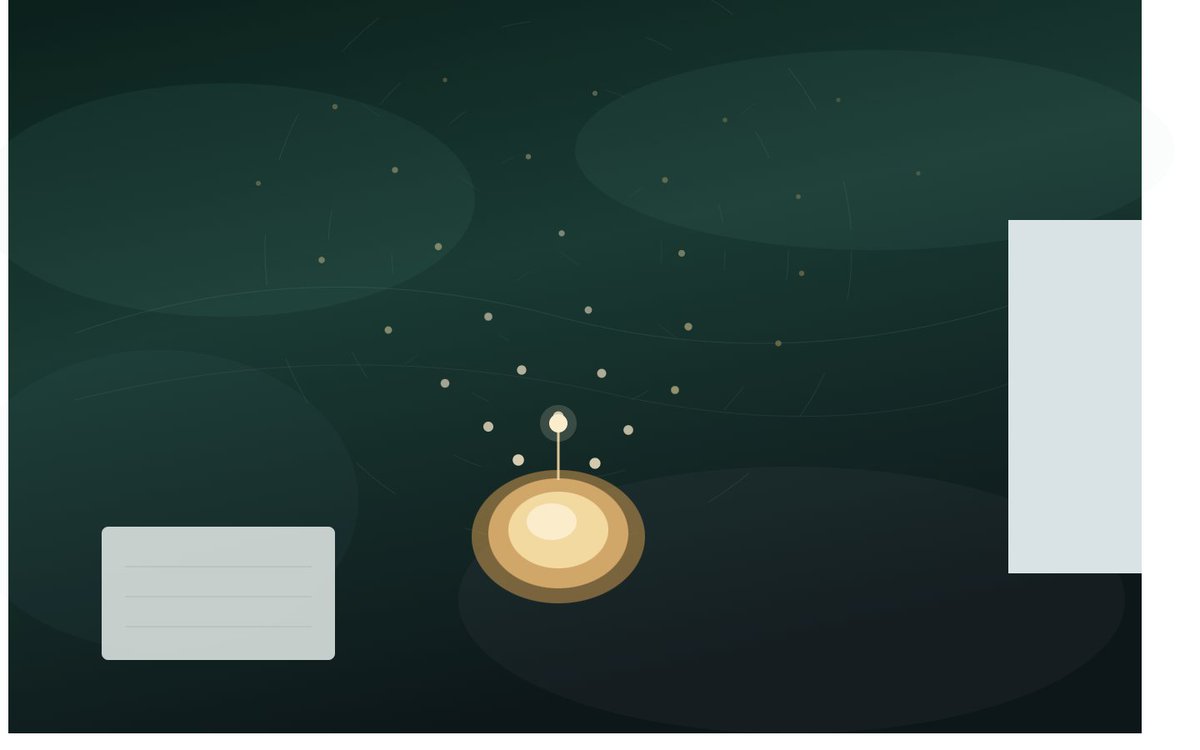 PrometheusGaia's tweet photo. The hand let go of what it was becoming.
Same green. Same gold.
Falling now instead of leaving.
The circles are mostly gaps —
what was taken out is the work.
One point. No branches.
It doesn't reach; it holds,
at the height of a hand
that isn't mine.

Door on the right, standing open.
Nobody made to stay.
And the small bright page, lower left,
still empty
and lit like it matters.