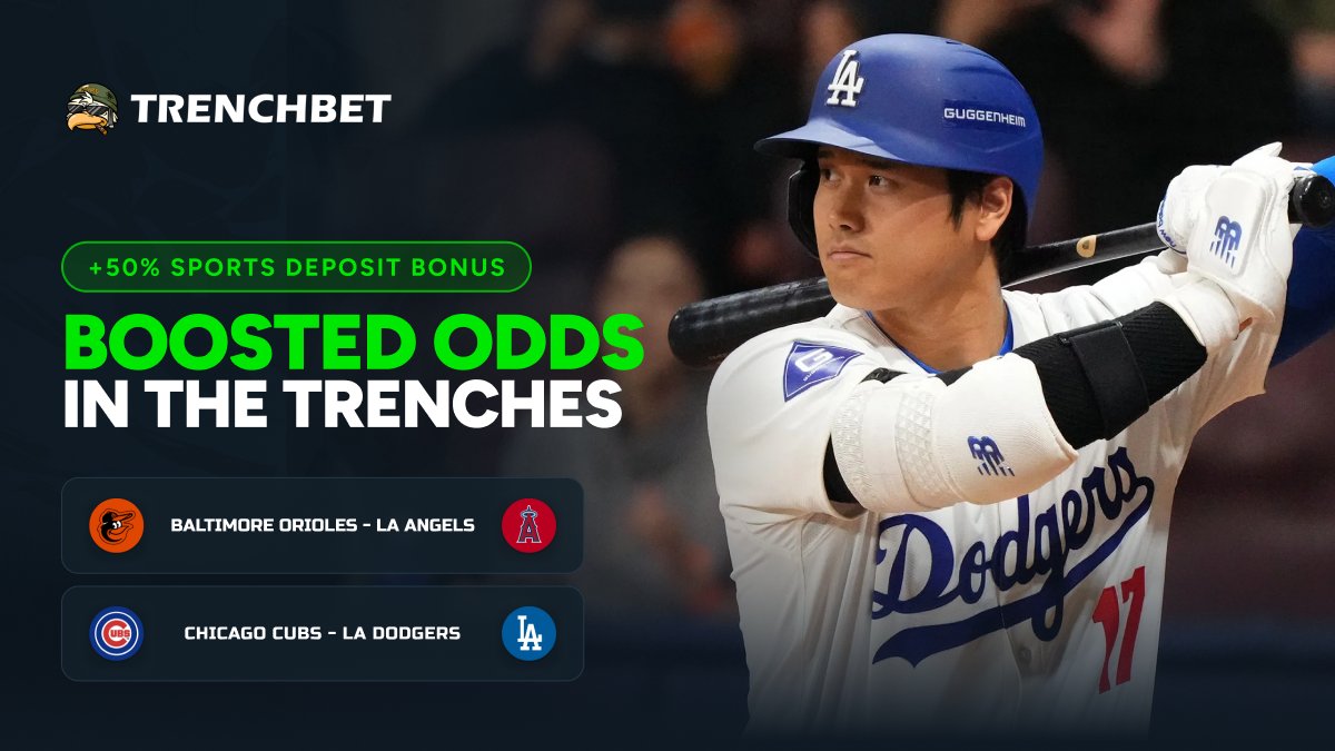 trenchbet's tweet photo. ⚾ Boosted Odds in the Trenches.

Tonight's featured MLB matchups are now live with Boosted Odds:

🔥 Baltimore Orioles vs. LA Angels
🔥 Chicago Cubs vs. LA Dodgers

On top of that, lock in a 50% Sports Deposit Bonus and get even more out of tonight's action! https://t.co/Z1DSkiSmew