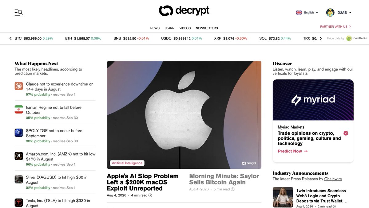 FaadKv's tweet photo. Myriad prediction market is deeply integrated with one of the largest web 3 and tech media company @DecryptMedia 

You can see the probability and sentiment of an event real time while reading the news on decrypt. https://t.co/jseGOVqVWC