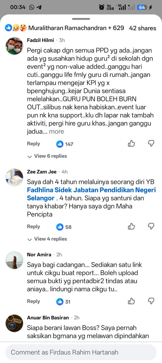 MuhdFirdausAR's tweet photo. Pergi buka FB Fadhlina Sidek ni. Ramai Cikgu yang komen tengah alami masalah sama. Dibuli Pengetua, Guru Besar, Pentadbir, PPD, JPNS etc. Kes dah berlaku tapi Menteri &amp; kerajaan masih confuse cara nak tangani masalah macamni. Nak tunggu lebih ramai guru-guru bunuh diri lagi? https://t.co/ZBUhCb6XDX