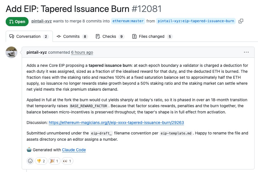 DefiantNews's tweet photo. JUST IN

New Ethereum Proposal Would Burn Validator Rewards to Kill the Incentive to Stake More

EIP-8361 proposes burning @ethereum validator rewards as staking ratios climb, eliminating consensus issuance entirely at 50%.

The proposal arrived just before the Hegotá deadline, sparking immediate pushback.

Read more:
https://t.co/XQXFrWwzmH
