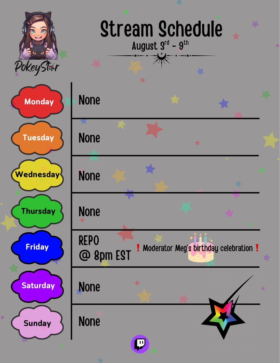 PokeyStarry's tweet photo. ❗️STREAM SCHEDULE❗️
Happy Tuesday, cuties. I hope your week is off to a great start. I’m sorry about the short stream week, but I have a LONG irl week ahead. 😭 HOWEVER! 👀 We’ve got Moderator Meg’s birthday to celebrate on Friday, and birthday girl has chosen for us to play REPO! 🥳🎂 Since it is a Friday, I don’t want y’all to have to miss out on Stream Bingo despite not partaking in our usual Fortnite Friday—we will have Bingo cards ✨special✨ for this occasion. More chances to win vbucks or a Twitch gift card, LFG! 🤩 I can’t WAIT to celebrate our sweet Meg with YOU! 💜 #twitch