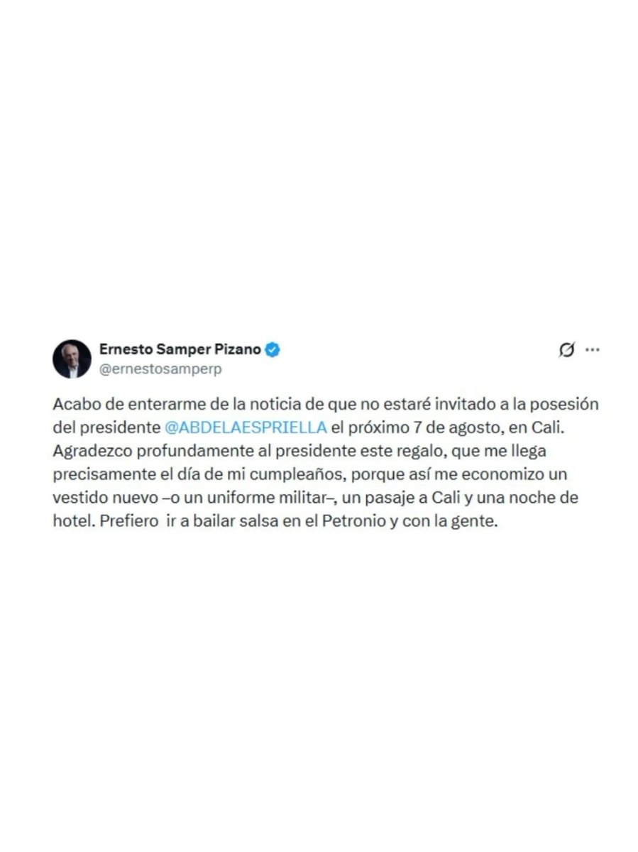NoticiasDCesar's tweet photo. Ernesto Samper confirmó que no fue invitado a la posesión de Abelardo de la Espriella, prevista para el 7 de agosto en Cali.
#Política #ErnestoSamper #AbelardoDeLaEspriella #PosesiónPresidencial https://t.co/xRZHkF8IAv