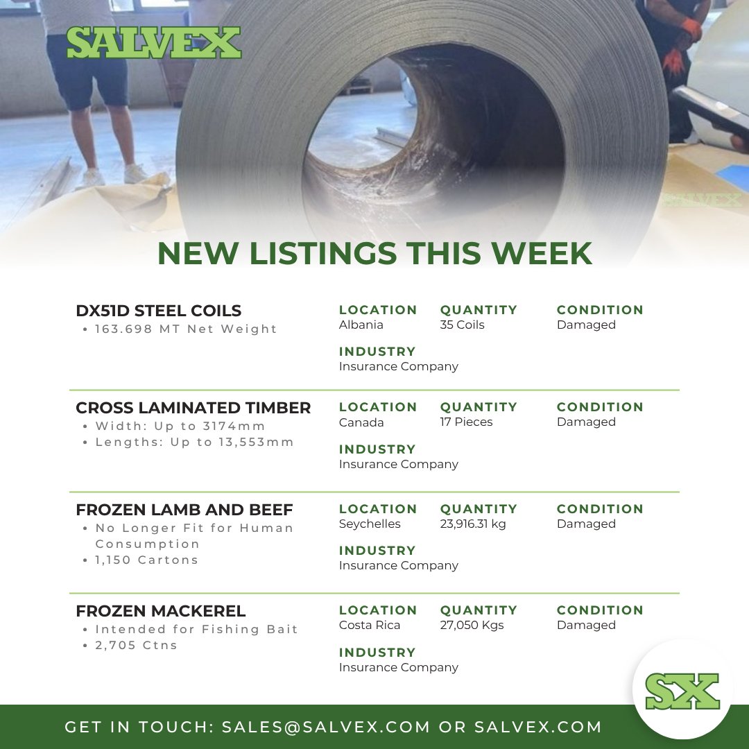 SalvexGroup's tweet photo. Discover this week's latest surplus inventory on Salvex.
Featured listings include:
https://t.co/Rel03cvdaE
https://t.co/Uy9yVjuRS6
https://t.co/7Du0zv2xQT
https://t.co/7vbwpVbHvo
#SteelCoils #Timber #FrozenFood #IndustrialMaterials #SurplusInventory https://t.co/Hg8wowToTs