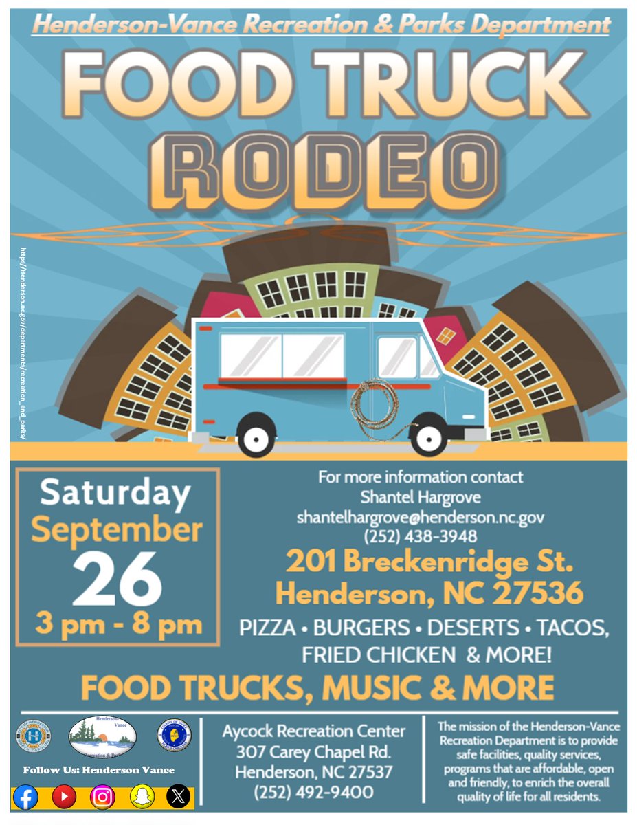 HendersonVance1's tweet photo. Our Food Truck Rodeo has been rescheduled for Saturday, September 26, 2026 from 3pm to 8pm!! Enjoy a variety of food trucks, music, and more! 🍔🌮🍗

Vendor applications have reopened, too! https://t.co/NcH2Tjhdgb