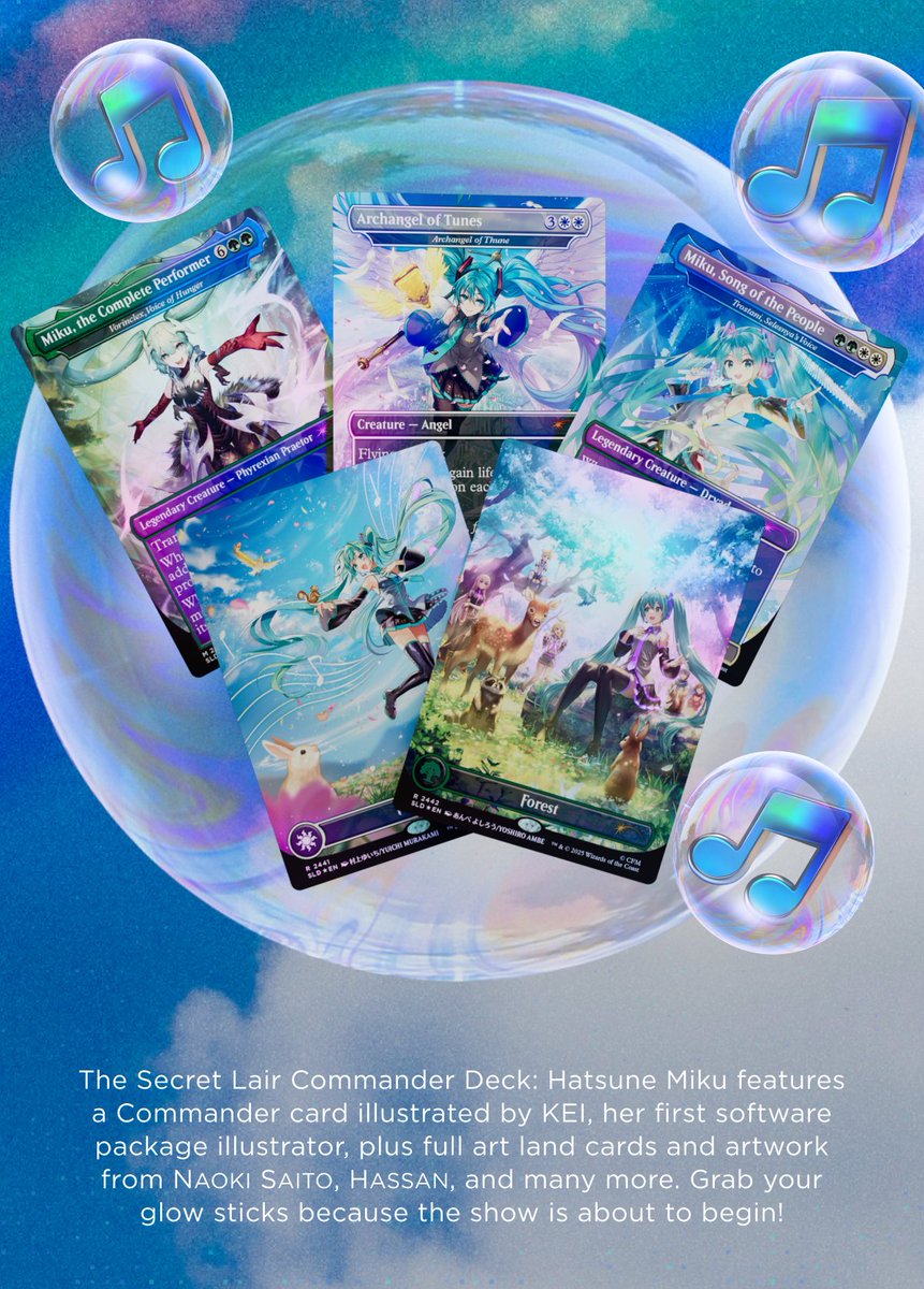 AndyCollectz's tweet photo. Official sneak peek look at the Hatsune Miku MTG Secret Commander Deck!

The deck will be made to order with a 24-hour order window.

Contents:
Ready-to-play 100-card Commander deck
12x Foil borderless cards featuring new artwork
7x Foil borderless basic Plains featuring new artwork
7x Foil borderless basic Forests featuring new artwork
74x Non-foil reprints

10x Non-foil double-sided tokens
1x Trostani, Selesnya's Voice as "Miku, Song of the People" display commander (not legal in sanctioned play)
1x Deck box

When: August 10th at 9am PT / 12pm ET to Tuesday, August 11th at 8:59am PT / 11:59am ET.
https://t.co/FW4Dsdzb4e

MSRP: $149.99