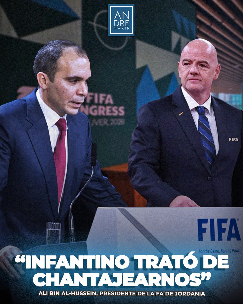 andremarinpuig's tweet photo. ¡ACUSAN A INFANTINO DE CHANTAJE! 🤯🇯🇴❌

Ali bin Al-Hussein, presidente de la Federación de Futbol de Jordania, denunció a la FIFA por el adeudo del dinero que se ganaron por llegar a la final de la Copa Árabe y acusó a Gianni Infantino de chantaje:

- "El dinero aún no ha sido entregado, mientras que al mismo tiempo la FIFA se jacta de cuántos miles de millones tienen en reserva... está claro que el problema real radica en el liderazgo. Durante meses, la FIFA se ha negado a ayudarnos en este y otros asuntos, hasta que me fue comunicado verbalmente durante la Copa del Mundo que si respaldaba a Infantino, eso ayudaría en gran medida a nuestra Federación".

Al-Hussein cerró su mensaje asegurando que no cederán ante las presiones y chantajes de Infantino:

- "No lo respaldamos antes y ciertamente no lo haremos ahora. Toda la situación equivale a un chantaje y nos negamos a ceder ante eso".