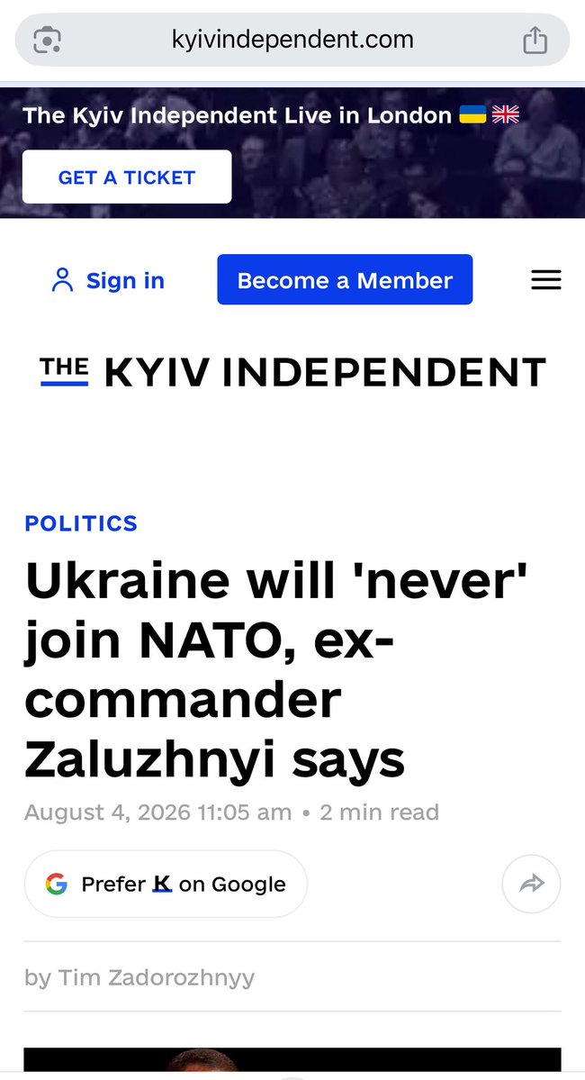 worldvidenews's tweet photo. 🚨🚨🚨BREAKING: Yes NATO North Atlantic Treaty Article 5. Musketeer Oath millitary Organisation since 1949 told Ukraine fairytales Ukraine can’t /  will never join NATO ?👇 

so … what does it mean ?. Zaluzhnyi probably Ukraine’s next President after Zelensky are rumours … published 4. August 2026. And btw. Ukraine 🇺🇦 will probably also not ever join the 🇪🇺 European Union what I have also read as it would “Drag” Down the Union Ukraine 🇺🇦 to poor ? well if it wasnt then it might have become it now hmm remember the mineral deal 50 % percent to USA 🇺🇸? The next 100 years, what about the loans Ukraine has to pay back ?. 

From Ukraine to Iran, Trump can't make a deal link 🔗 
https://t.co/098D6iFEcX

AUG 4. 2026. 

⚔️🤺BREAKING: Ukraine war briefing: Military’s former top commander says Kyiv has no chance of joining Nato
Now UK envoy Valery Zaluzhnyi quoted as saying Ukraine can’t meet military standards needed to join alliance; Kyiv largely stalls Moscow’s advances, data suggests. What we know on day 1,623

Ukraine will never become a member of NATO despite years of pursuing accession, Ukraine's Ambassador to the U.K. and former Commander-in-Chief Valerii Zaluzhnyi said on Aug. 3.
Speaking at a meeting of Ukrainian ambassadors in Kyiv, Zaluzhnyi argued that NATO's military standards have fallen behind the realities of modern warfare and suggested Ukraine (https://t.co/OMYDTDMSUN) should instead pursue future European security alliances.

"I personally worked to ensure that we adopted NATO (https://t.co/eLAmYUp3m5) standards, and every year, I heard stories about how we were just about to join NATO. Unfortunately, we will never join it," Zaluzhnyi said.
According to Zaluzhnyi (https://t.co/AgHxMHZp6C), one of the main obstacles is that NATO's standards are outdated.

"It is impossible for the Ukrainian Armed Forces, given their current level of development, to join an organization that is guided by World War II doctrines," he said.
He added that it would take the alliance "about 12 years" to adopt new standards "to at least reach half the level of the Russian Federation."
Instead of NATO membership, Zaluzhnyi said Ukraine should focus on emerging regional security arrangements.
"Ukraine… will align itself with blocs and alliances that will likely form," he said. "Most likely, we will be talking about a European military security bloc."

Ukraine's Constitution identifies NATO membership (https://t.co/eLAmYUp3m5) as a strategic objective.
President Volodymyr Zelensky has previously indicated that Kyiv could postpone joining the alliance if it receives security guarantees from the United States and European partners.
Zaluzhnyi served as commander-in-chief of Ukraine's Armed Forces (https://t.co/IZXDTQA2kl) from 2021 until 2024 and left the post with high public approval ratings.
He is expected to run in Ukraine's next presidential election. Link 🔗 
https://t.co/m7gqhu76LQ

#NATO #Zaluzhnyi
