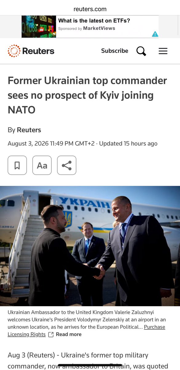 worldvidenews's tweet photo. 🚨🚨🚨BREAKING: Yes NATO North Atlantic Treaty Article 5. Musketeer Oath millitary Organisation since 1949 told Ukraine fairytales Ukraine can’t /  will never join NATO ?👇 

so … what does it mean ?. Zaluzhnyi probably Ukraine’s next President after Zelensky are rumours … published 4. August 2026. And btw. Ukraine 🇺🇦 will probably also not ever join the 🇪🇺 European Union what I have also read as it would “Drag” Down the Union Ukraine 🇺🇦 to poor ? well if it wasnt then it might have become it now hmm remember the mineral deal 50 % percent to USA 🇺🇸? The next 100 years, what about the loans Ukraine has to pay back ?. 

From Ukraine to Iran, Trump can't make a deal link 🔗 
https://t.co/098D6iFEcX

AUG 4. 2026. 

⚔️🤺BREAKING: Ukraine war briefing: Military’s former top commander says Kyiv has no chance of joining Nato
Now UK envoy Valery Zaluzhnyi quoted as saying Ukraine can’t meet military standards needed to join alliance; Kyiv largely stalls Moscow’s advances, data suggests. What we know on day 1,623

Ukraine will never become a member of NATO despite years of pursuing accession, Ukraine's Ambassador to the U.K. and former Commander-in-Chief Valerii Zaluzhnyi said on Aug. 3.
Speaking at a meeting of Ukrainian ambassadors in Kyiv, Zaluzhnyi argued that NATO's military standards have fallen behind the realities of modern warfare and suggested Ukraine (https://t.co/OMYDTDMSUN) should instead pursue future European security alliances.

"I personally worked to ensure that we adopted NATO (https://t.co/eLAmYUp3m5) standards, and every year, I heard stories about how we were just about to join NATO. Unfortunately, we will never join it," Zaluzhnyi said.
According to Zaluzhnyi (https://t.co/AgHxMHZp6C), one of the main obstacles is that NATO's standards are outdated.

"It is impossible for the Ukrainian Armed Forces, given their current level of development, to join an organization that is guided by World War II doctrines," he said.
He added that it would take the alliance "about 12 years" to adopt new standards "to at least reach half the level of the Russian Federation."
Instead of NATO membership, Zaluzhnyi said Ukraine should focus on emerging regional security arrangements.
"Ukraine… will align itself with blocs and alliances that will likely form," he said. "Most likely, we will be talking about a European military security bloc."

Ukraine's Constitution identifies NATO membership (https://t.co/eLAmYUp3m5) as a strategic objective.
President Volodymyr Zelensky has previously indicated that Kyiv could postpone joining the alliance if it receives security guarantees from the United States and European partners.
Zaluzhnyi served as commander-in-chief of Ukraine's Armed Forces (https://t.co/IZXDTQA2kl) from 2021 until 2024 and left the post with high public approval ratings.
He is expected to run in Ukraine's next presidential election. Link 🔗 
https://t.co/m7gqhu76LQ

#NATO #Zaluzhnyi