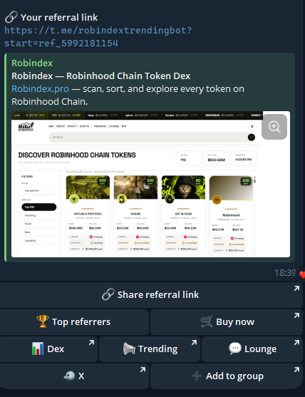 robindexpro's tweet photo. You can now invite people to 

https://t.co/H5xjrEviX9 

with your referral link. We’ll announce what the points get you very soon. Hint: I really love contests.
Just type /referral in the bot or tap the Referral button in the menu to get your link! https://t.co/t0xUVbAM4q