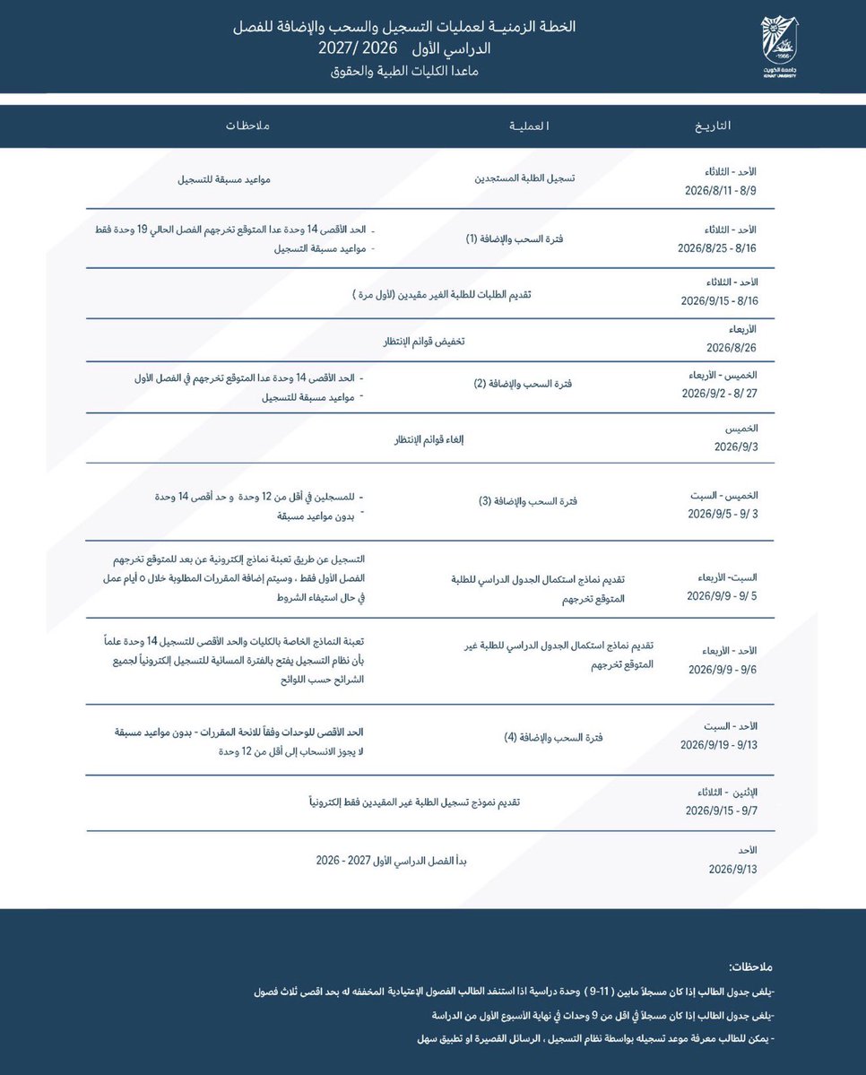 kumnbr's tweet photo. الخطة الزمنية لعمليات التسجيل والسحب والإضافة للكورس الأول 2027/2026 | https://t.co/QsQmZpC4iw
