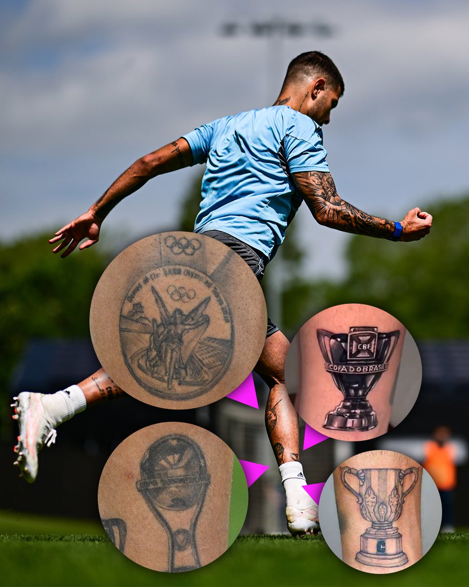 footballontnt's tweet photo. Bruno Guimarães has all the trophies he’s won in his career tattooed on his legs 🏆✍️

Could be adding a few more if his move to Arsenal gets completed 👀 https://t.co/JWf5uRS53a