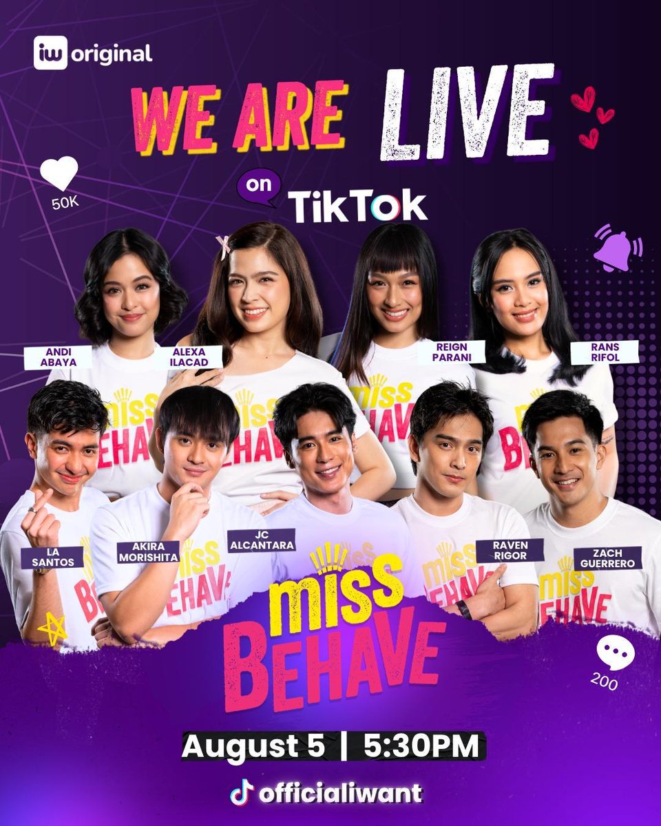 ofc_iwant's tweet photo. STOP SCROLLING! 🚨
 
We’re GOING LIVE on TikTok! 👀💋
Come hang out with us and let’s all #MissBehave later at 5:30PM on the iWant TikTok account.

Watch #MissBehaveFinaleEp tonight, 8PM on iWant!🔥 https://t.co/yhgNPeNCoz