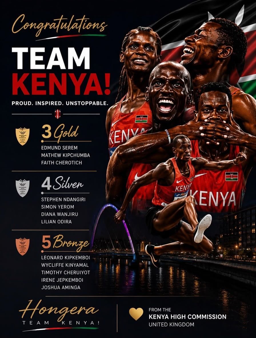 KenyaMissionUK's tweet photo. The Kenya High Commission in London congratulates Team Kenya on a remarkable performance at the Glasgow 2026 Commonwealth Games.

From medal-winning performances to personal and season bests, Team Kenya demonstrated the resilience, discipline, and excellence that define our nation. Every athlete who proudly wore the Kenyan colours contributed to this moment of national pride.

To our athletes, coaches, officials, and support teams, asanteni sana for carrying the Kenyan flag with honour and inspiring generations at home and across the diaspora.

We are proud of you all
Hongera Team Kenya 🇰🇪

@OlympicsKe 
@ForeignOfficeKE 
@Diaspora_KE 
@moyasa_ke