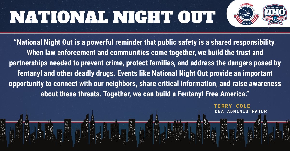 DEAHQ's tweet photo. Celebrate National Night Out with #DEA, local law enforcement, and communities across the nation! Let’s build stronger relationships, share valuable resources, and work together for safer neighborhoods. #NationalNightOutDEA #DEANightOut2026

Join DEA at a #NationalNightOut event ➡️ https://t.co/I7dwimRPNT

@TheJusticeDept @WhiteHouse