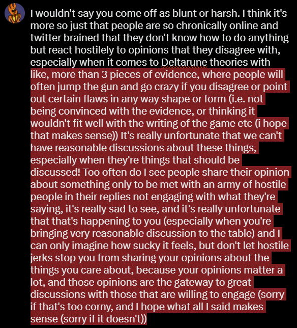 SinderSparkDEV's tweet photo. @mithseal -adding in post writing the image. (This also goes for advice as well cause I'll see people being unreasonably hostile towards people trying to give advice, and it's just so sad to see people acting this way to these kinds of things when it'd be better to interact more calmly) https://t.co/IEH7cFGp4f