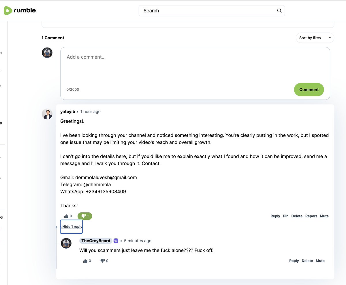 _rockytop_biker's tweet photo. I like @dbongino! I want to support his company, @rumblevideo. But the scammers and bots on there are worse than any other platform on the internet. I literally get hundreds of these scammers every single week. It is like fleas. You cannot get rid of them. #LeavingSoon π€¦π»ββοΈπ€¬ https://t.co/GKBvW1ii6U