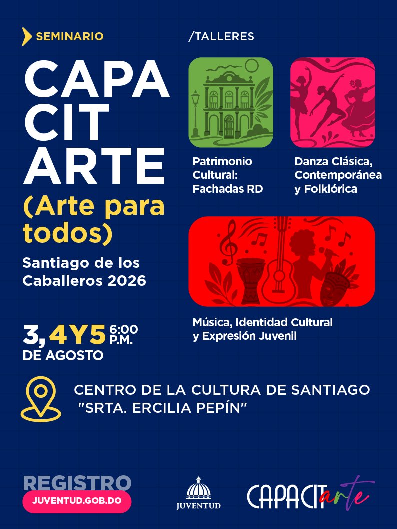 JuventudRD's tweet photo. 🎭 ¡El Seminario CapacitArte continúa! 🎶

Aún estás a tiempo de ser parte de esta experiencia que reúne arte, cultura y aprendizaje en un mismo espacio.

Hoy tenemos el taller Danza Clásica, Contemporánea y Folklórica

#CapacitArte #JuventudRD https://t.co/gGWYAPzR0c