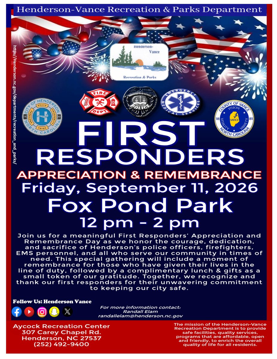 HendersonVance1's tweet photo. Join us for a meaningful First Responders Appreciate and Remembrance Day as we honor the courage, dedication, and sacrifice of Henderson's police officers, firefighters, EMS personnel, and all who serve our community in times of need. 💙❤️ https://t.co/vtwskSiajs