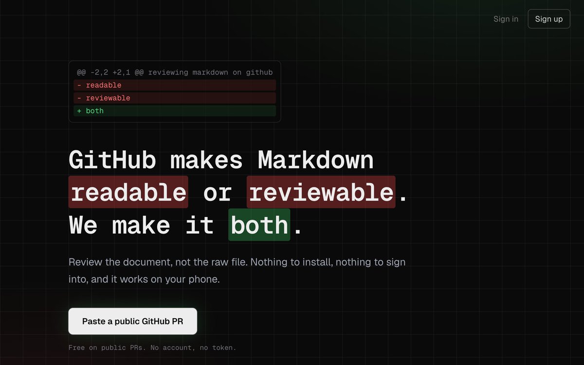 kanzenai's tweet photo. Say hello to our new landing page!

Same Markdown Review: source and rendered side by side, review section by section, pick up where you left off. Just easier to see what it does before your first PR.

Try it on your next Markdown PR.

https://t.co/jXS3h2u6iw https://t.co/B9UBlRWeuo