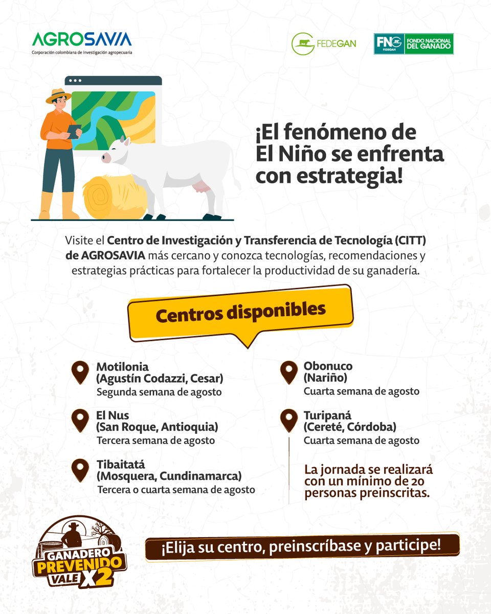 Fedegan's tweet photo. 🐄🌞 🐂 Ganadero, ¿está listo para enfrentar la llegada del fenómeno de El Niño? 

Anticípese y conozca las estrategias para reducir sus impactos en su finca de la mano de expertos.

📍 Lo esperamos en la sede de @SomosAGROSAVIA  de su región para recibir orientación y capacitación.

📝 Preinscríbase aquí:
https://t.co/hGKEv0J1Xi
🤝 Nos vemos en el territorio, porque un ganadero prevenido vale por dos.

#ConstruyendoGanadería @jflafaurie @olberayala
