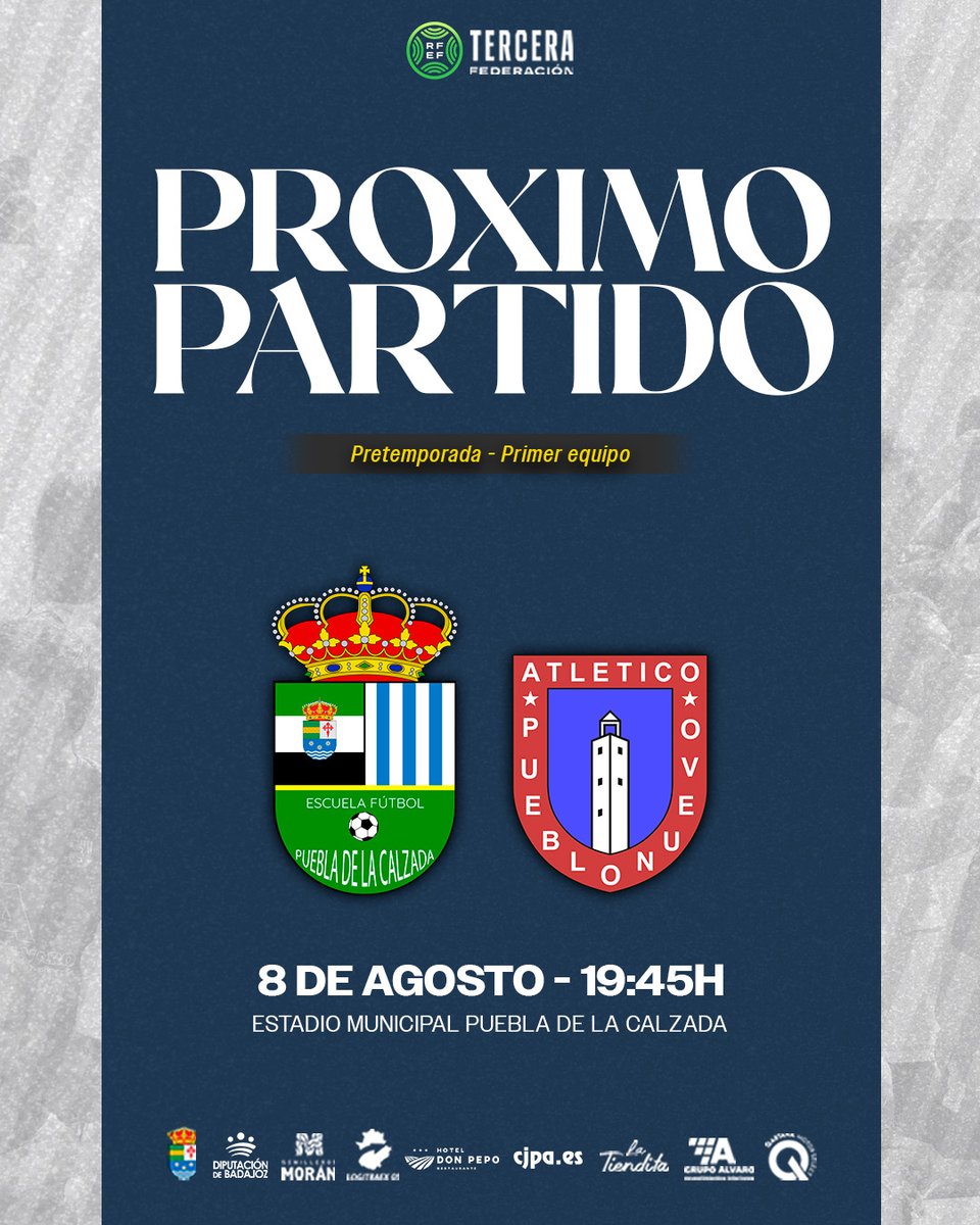 PueblaEF's tweet photo. ⚽️ #PróximoPartido ➩ 𝗣𝗿𝗶𝗺𝗲𝗿 𝗘𝗾𝘂𝗶𝗽𝗼
🤝 #Pretemporada
🆚 @AtcoPueblonuevo
📆 08/08 | ⏰ 19:45h
🏟 Estadio Municipal Puebla de la Calzada
💓 #ElLatidoDeUnPueblo
💪 #VMP | #EFP 'A' 🔵⚪ https://t.co/aO5n7EHIJZ