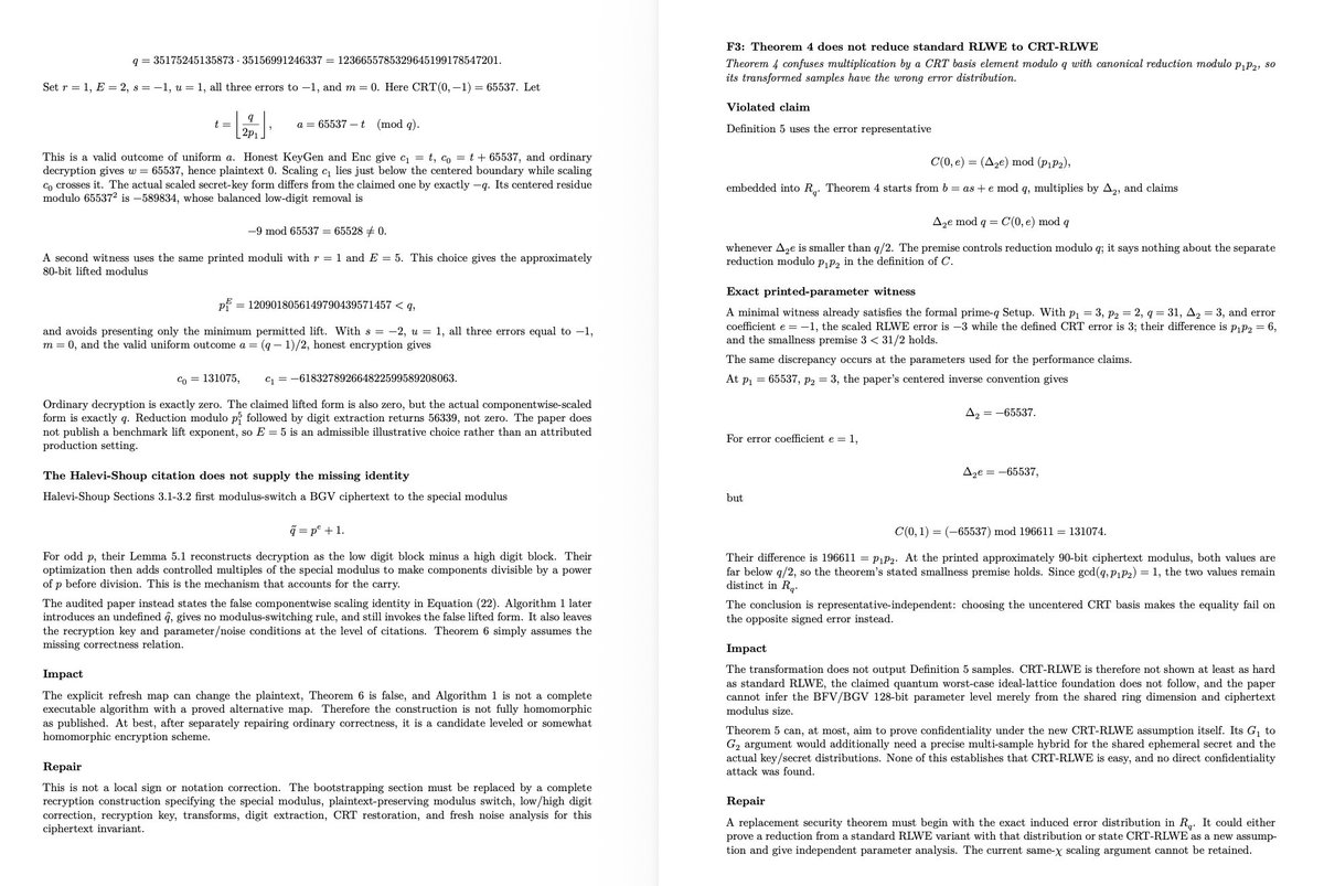 lukOlejnik's tweet photo. This Communications in Cryptology paper proposing a new CRT-based fully homomorphic encryption scheme appears fundamentally broken as proposed here. DO NOT DEPLOY IT as such. Using the paper’s  n=8192 benchmark ring, p1=65537, p2=3 and q=1236655785329645199178547201 (with a natural roughly 80-bit bootstrap lift p1^5 that remains below the 90-bit q), an honestly generated ciphertext of 0 decrypts correctly before refresh, but the published bootstrapping procedure returns 56339. After the paper scales the two ciphertext components separately, the value that should remain 0 becomes q. That value does not disappear in the next modulus because q is coprime to p1, so the plaintext changes. These are structural, real-parameter failures. Detailed analysis attached. Cryptanalysis and PoC produced with GPT-5.6 Sol.