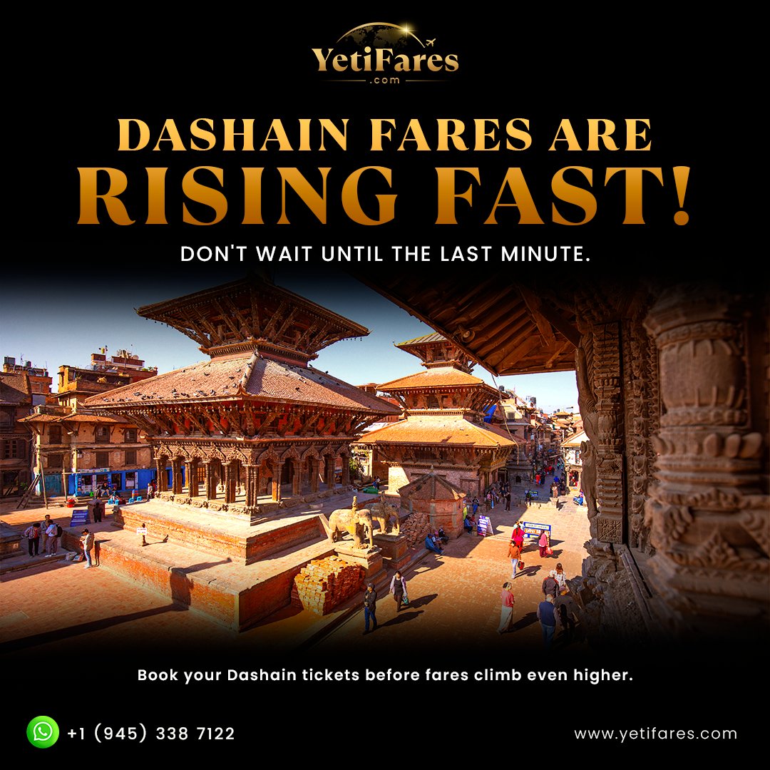 YetiFares's tweet photo. Dashain flights are filling fast. ✈️🇳🇵

Book early for better fares and more flight options before prices climb even higher.

📲 +1 (945) 338 7122
🌐 https://t.co/Fg4RDiv2Xu
#YetiFares #Dashain2026 #FlightsToNepal #BookEarly https://t.co/gf4ejdmElx