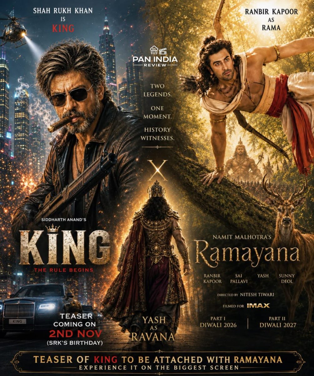 PanIndiaReview's tweet photo. 🚨 BIGGEST PAN INDIA REVIEW EXCLUSIVE OF THE YEAR 🚨

The MUCH AWAITED teaser of #King is expected to be attached with #Ramayana - YOU READ IT HERE FIRST 🔥

#ShahRukhKhan x #RanbirKapoor — the collaboration continues after Brahmāstra. Ranbir Kapoor has always spoken about his admiration for SRK, and now the two megastars could once again be connected on the biggest cinematic stage.

As per our latest reports, Siddharth Anand is keen to attach the King teaser with #Ramayana to maximize its theatrical impact. With Ramayana having #RK #Yash #SunnyDeol and #SaiPallavi in lead- it is expected to release on 30 October and the #King teaser planned around 2 November (#SRK’s Birthday), this strategy could create unprecedented hype and give audiences a first look at SRK’s next mega action spectacle.

If this happens, it will be a masterstroke in film marketing the biggest film of the year carrying the first glimpse of another potential blockbuster. It will be setting up one of the biggest theatrical moments Indian cinema has ever witnessed 🤯✅

IT WILL ENSURE THAT KING GETS THE STAGE TO FIGHT AGAINST #AvengersDoosmday ON WORLD STAGE💥💥

Just wait and watch for the Biggest teaser launch strategy Indian cinema has ever seen 🔥