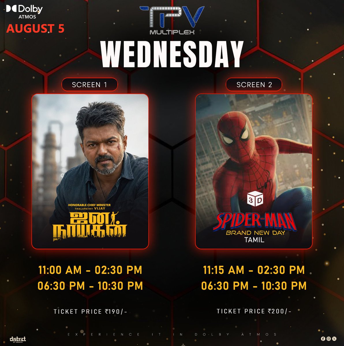 TPVMultiplex's tweet photo. 🎬 WEDNESDAY BLOCKBUSTER LINE-UP! 🍿🔥
From mass to multiverse — your perfect movie day starts at TPV Multiplex! 💥
⚡ Jana Nayagan
🕷️ Spider-Man: Brand New Day (3D Tamil)
#TPVMultiplex #WednesdayShows #JanaNayagan #SpiderManBrandNewDay #DolbyAtmos https://t.co/7UIwAvbc9z