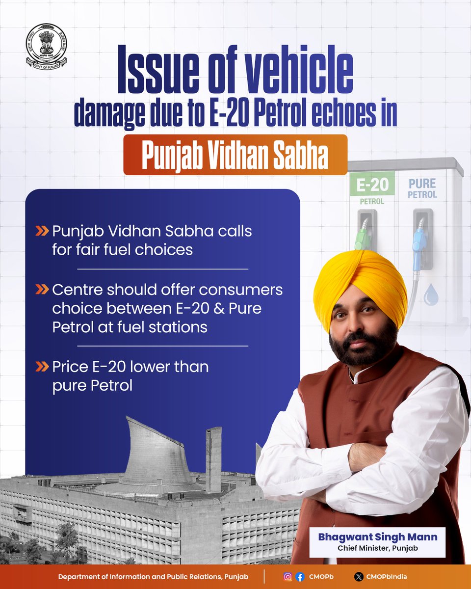 CMOPbIndia's tweet photo. Punjab Chief Minister @BhagwantMann raised the issue of E-20 ethanol-blended petrol in the Punjab Vidhan Sabha. Asserting that consumers should not be deprived of choice, the Punjab Vidhan Sabha passed a resolution urging the Centre to offer both pure petrol and E-20 at fuel stations and to reduce the price of E-20 to safeguard the interests of the common people.

#PurePetrol #PunjabVidhanSabha #E20 #PunjabGovtInitiatives #ਮੁੱਖ_ਮੰਤਰੀ_ਦਫ਼ਤਰ_ਪੰਜਾਬ #CMOPunjab #CMBhagwantMann