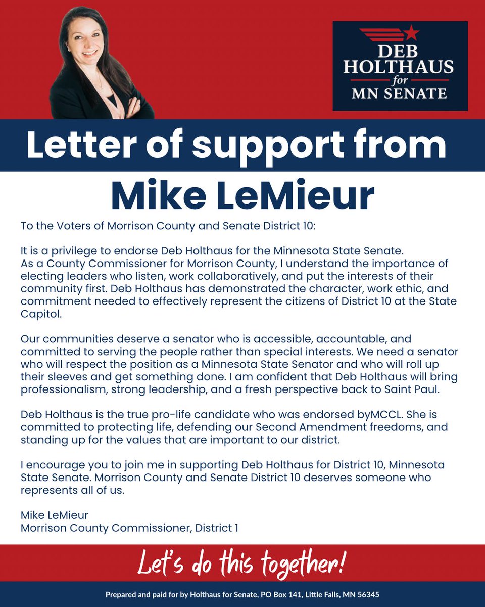HolthausForMN's tweet photo. I’m honored to have the support and endorsement of Morrison County Commissioner and former state legislator Mike LeMieur! Thank you! https://t.co/uGVwqhBRnm