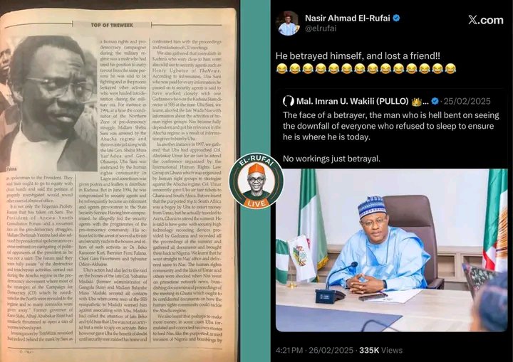 aliyuwali220's tweet photo. He Betrayed Gani Fawehinmi, He Betrayed Abubakar Rimi, He Betrayed The Struggle For Democracy. Who is El-Rufai @elrufai ?

By Omotayo Kehinde

Reading this 2007 The Week article feels like reading today’s news. Uba Sani has always been Uba Sani.

The current political drama in Kaduna between Governor Uba Sani @ubasanius and his predecessor Nasir El-Rufai has drawn national attention. To those who have followed Sani’s past, the “betrayal” narrative is unsurprising. What El-Rufai’s supporters call treachery from a once-trusted protégé is simply a pattern documented nearly two decades ago.

In 2007, *THEWEEK* magazine published a damning investigation that stripped away Sani’s image as a human rights and pro-democracy activist. It alleged he was compromised by security agents in June 1994 and became an informant and agent provocateur for the State Security Service under the Abacha regime. He reportedly fed them the programmes of the pro-democracy community, leading to the arrest of activists and raids on the homes and offices of figures including Dr. Beko Ransome-Kuti, Barrister Femi Falana, Chief Gani Fawehinmi, Sylvester Odion-Akhaire, the late Col. Yohanna Madaki, and Mallam Balarabe Musa.

Madaki severed contact with Sani after warnings from sympathetic SSS officers and told Beko that Sani was “not an activist but a mole.” Beko gave him the benefit of the doubt until security men raided his home and confronted him with the exact proceedings of Campaign for Democracy meetings—proof of the leaks. Journalists close to Sani in Kaduna were also sold out. He was paid for the information he passed and worked closely with Gadzama, then Kaduna State SSS director. He also allegedly fed the late Wada Nas with information that boosted Nas’s relevance in the Abacha government.

The most striking claim: in 1997 Sani approached Col. Abubakar Umar for airfare to a human-rights conference in Ghana organised against the Abacha regime. Umar provided tickets. Sani allegedly used the trip to record the entire proceedings with devices supplied by the SSS, gathered the documents, and delivered them to Nas’s office. Nas later brandished the confidential materials on national television. In some cases Sani reportedly invented stories, including claims of armed invasion and bombings.

This is the same man who today wraps himself in the language of democracy, inclusion and good governance while launching a probe into El-Rufai’s tenure that alleges mismanagement of about ₦423 billion and has sent the former governor to anti-graft agencies.

El-Rufai has publicly called Sani a betrayer: “He was my boy, my mentee.” He has said he has not spoken to Sani once since leaving office. When a social-media user labelled Sani “the face of a betrayer,” El-Rufai replied with a laughing emoji and the words, “He betrayed himself and lost a friend.”

Warnings existed long ago. The Nigerian Probity Forum challenged Sani. Arewa Youth Consultative Forum president Mallam Shetimah Yerima reminded people of his alleged role in revealing Campaign for Democracy strategies and handing over comrades during the Abacha years. Former Kano governor Abubakar Rimi also threatened to expose his past.

Sani’s alleged betrayal of genuine pro-democracy fighters Gani Fawehinmi (whom he now claims as a mentor), Femi Falana, Beko Ransome-Kuti and others makes his treatment of El-Rufai predictable rather than shocking. The 2007 investigation stands as a warning that was ignored by those who preferred to see a reformed activist instead of a man practised in self-preservation through betrayal.

El-Rufai appears to have learnt the lesson only after the fact. Sani’s actions against his former mentor are not a new chapter; they are the latest verse of a song that began in the Abacha years.
